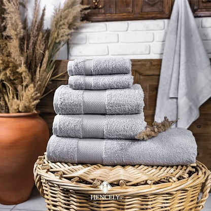 Hencely 6-Piece Bath Towel Set - High Absorbency, Quick Drying - 100% Soft Turkish Cotton - 2 Bath Towels, 2 Hand Towels, 2 Washcloths - for Bathroom, Home, Hotel, Spa, and Gym - 6-Pack Silver