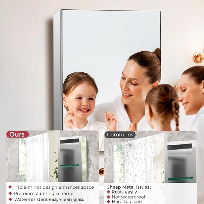 Bathroom Medicine Cabinet with Mirror, 20x26 Recessed or Wall Mirror Medicine Cabinet with Storage Adjustable Glass Shelves, Beveled Edge Mirrored Door with Aluminum Cabinet Hinges
