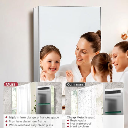 Bathroom Medicine Cabinet with Mirror, 20x26 Recessed or Wall Mirror Medicine Cabinet with Storage Adjustable Glass Shelves, Beveled Edge Mirrored Door with Aluminum Cabinet Hinges