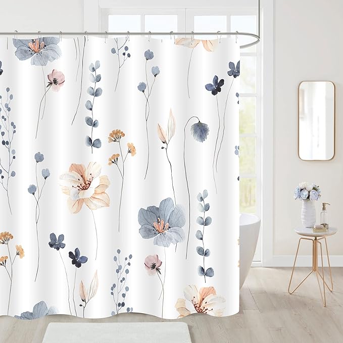 Gibelle Small Stall Shower Curtain 36 x 72, Narrow Half Watercolor Floral Fabric Shower Curtain, Blue Beige Flower Decorative Bathroom Shower Curtain Set