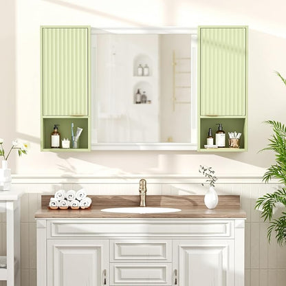 59.1" Tall Slim Bathroom Storage Cabinet Green | Freestanding or Wall Mounted Modular Cabinet, Fluted Panel Linen Tower with Adjustable Shelves for Small Spaces