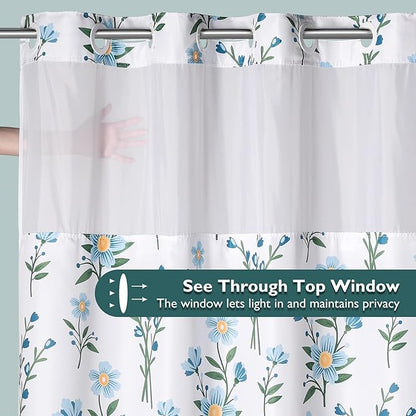 Lagute SnapHook Floral Shower Curtain with Snap-in Liner for Bathroom| No Hook Needed| Mesh Top Window| Machine Washable| Hotel Grade| 71Wx74L，Blue Bouquet