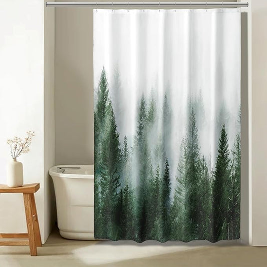 ORTIGIA 60x72 Misty Forest Stall Shower Curtain for Small Bathroom, Green Narrow Nature Woodland Shower Curtain Set with Hooks, Waterproof Fabric Pine Tree Fog Magic Home Bath Curtain