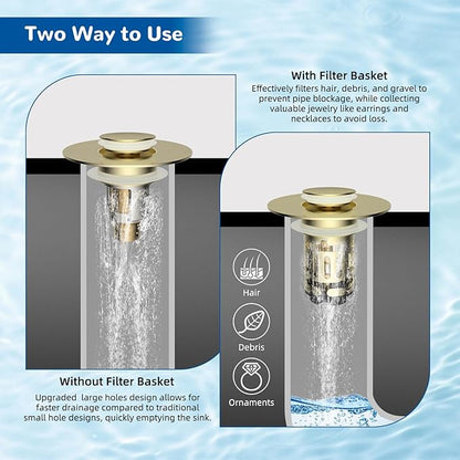 Hibbent 2 Pack Upgraded 3 in 1 Bathroom Sink Drain Strainer, Universal Pop Up Stopper with Removable Stainless Steel Filter Basket Hair Catcher, Sink Plug for 1.1''~2.36'' Basin, Brushed Gold