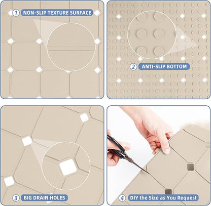 Shower Mat Non Slip 21"x21" Silicone Foldable Bath Mat with Suction Cups & Drain Holes, Odorless, Eco-Friendly & Durable, Machine Washable Shower Stall Mat for Adults, Seniors Beige