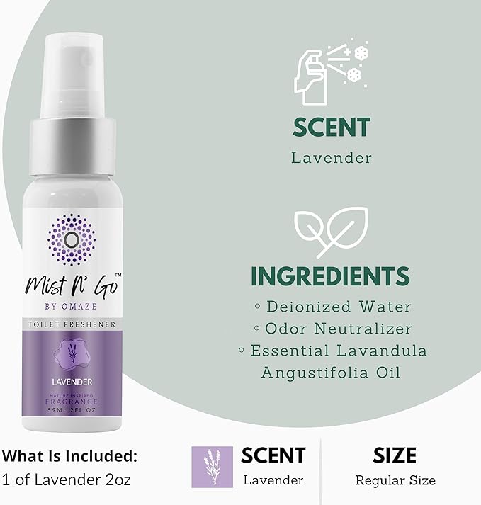 Mist N’ Go by Omaze Travel Bathroom Spray for Toilet Spray Odor Eliminator - Travel Toilet Spray for Bathroom Air Freshener Spray for Bathroom Deodorizer - Lavender Regular Size (2oz x1)