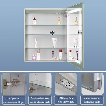 GroGro LED Lighted Bathroom Medicine Cabinet with Mirror,24" W x 30" H Medicine Cabinet with Lights,Surface or Recessed Mounting,Defog,Dimming,3-Color Temperature Adjustment
