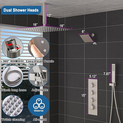 Enga Thermostatic Dual Head Shower System, 16" + 6" Dual Rainfall Shower System (Can All Run Together & Volume Adjustable) Dual Shower Head Combo Set, Brushed Nickel