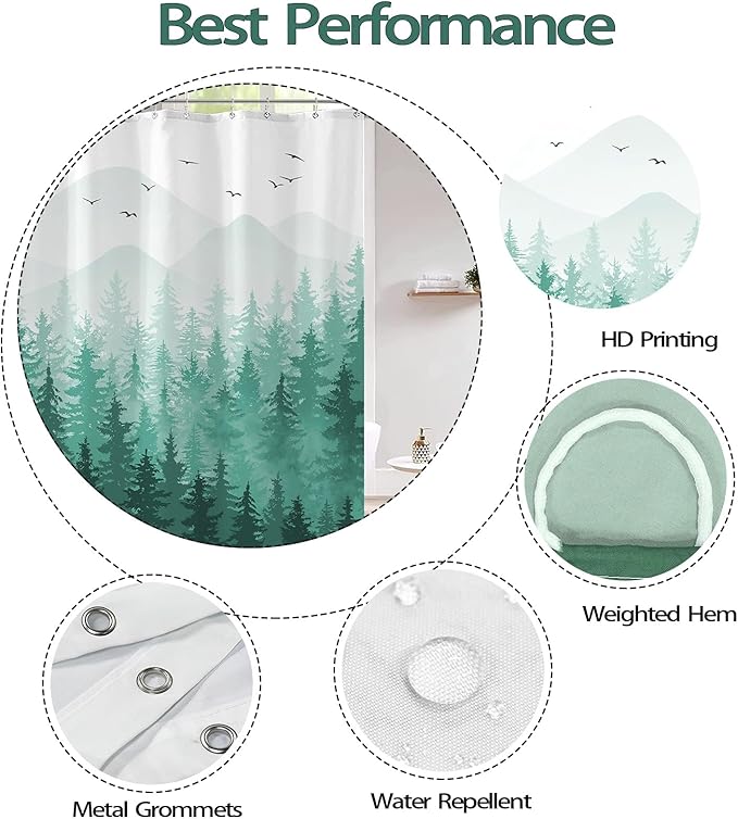 Aipon Teal Misty Forest Shower Curtain Ombre Nature Tree Plants Shower Curtains Fabric Waterproof Mountain Shower Curtain Sets for Bathroom Bath Decor with 12 Hooks (Teal, 72'' × 72'')