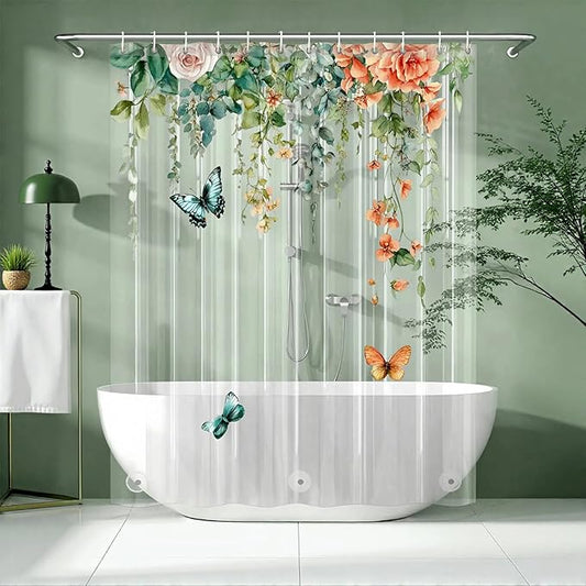 Clear Colorful Floral Butterfly Shower Curtain Liner, Plastic Pretty Pink and Orange Flower Green Eucalyptus Leaf Shower Curtains for Bathroom, 72x78 Weighted Magnetic Shower Curtain Set with 12 hooks
