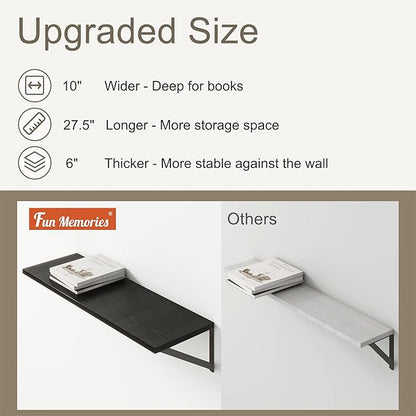 Fun Memories 27.5" W x10 D Floating Shelves, Black Wall Shelf with Brackets, 10 Inch Deep Floating Shelf Set of 2, Large Storage Kitchen Living Room Bathroom Shelves, Wood Wall Mounted Shelf