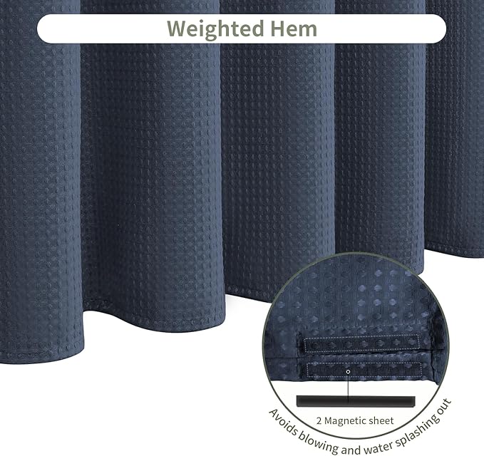 Inhousolu Fabric Shower Curtain Waffle Weave, Navy Blue 230 GSM Heavy Duty, Weighted Hem, 14 Metal Hooks, Water Repellent, Machine Washable, Hotel Spa Luxury Bath Curtain Set, 72 x 72 Inch