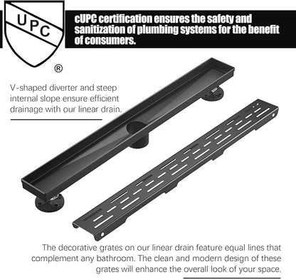 HEATGENE 12-Inch Linear Shower Drain in Matte Black - Stainless Steel Rectangular Shower Floor Drain - Removable Decorative Cover - Adjustable Leveling Feet - CUPC Certified