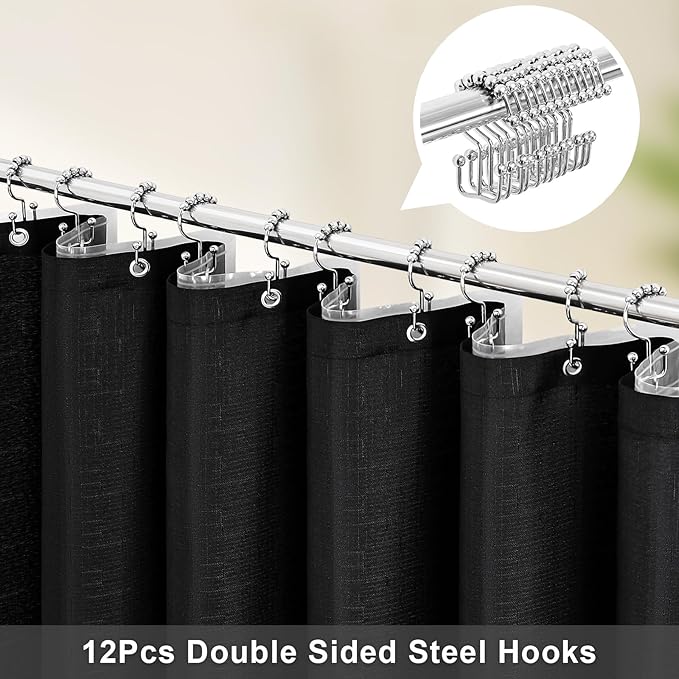 MitoVilla 3 in 1 Shower Curtain Set, Black Boho Farmhouse Linen Textured Bath Curtain and Clear PEVA Liner Set with 12 Double Sided Steel Hooks, Waterproof Fabric Hotel Bathroom Curtain - 72x72