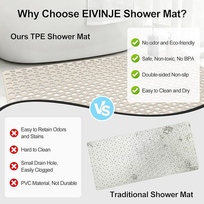 Anti Slip Shower Mat with Suction Cups,31.5x47.2 Inch Quick Drain TPE Non Slip Shower Mats for Inside Shower,Large Bath Mat for Shower Soft on Feet, Easy to Dry&Cut Machine Washable