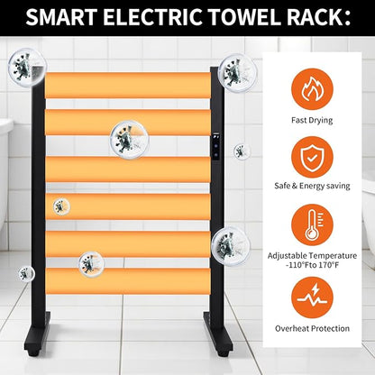 Towel Warmer Rack with 6 Widened Bars, Wall-Mounted Heated Towel Dryer with Timer, LED Display, 3 Temp Levels, Plug Overheat Protection, for Bathroom Spa Laundry (Matte Black)