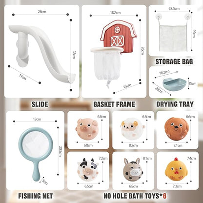 No-Hole Farm Bath Toys for Toddlers 1-3 | Slide, Basketball Hoop & 6 Animal Set | Easy to Clean & Dry Bathtub Play Gifts for Boys Girls