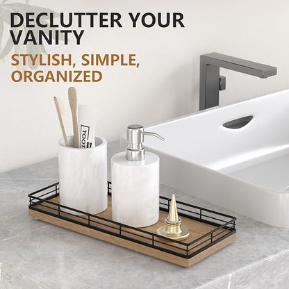 Bathroom Tray for Counter Top Organizer – Acacia Wood Vanity Tray with Metal Frame for Dresser, Kitchen, Nightstand – Black & Acacia Decorative Storage