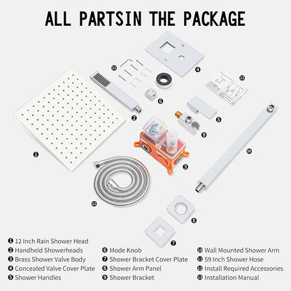 Bathroom Shower Faucet Set，12 Inch Rain Shower Head with Handheld Spray，Brass Shower Valve Trim Kit，Wall Mounted Square Rain Shower System (Chrome)