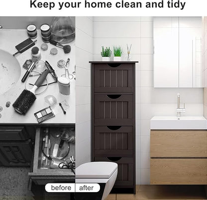Bonnlo Skinny Bathroom Floor Storage Cabinet, 12 Inch Wide Deep Small Storage Organizer with 4 Drawers, Wooden Modern Espresso Thin Free Standing Tower Cabinet w/ 4 Cute Drawers for Bathroom