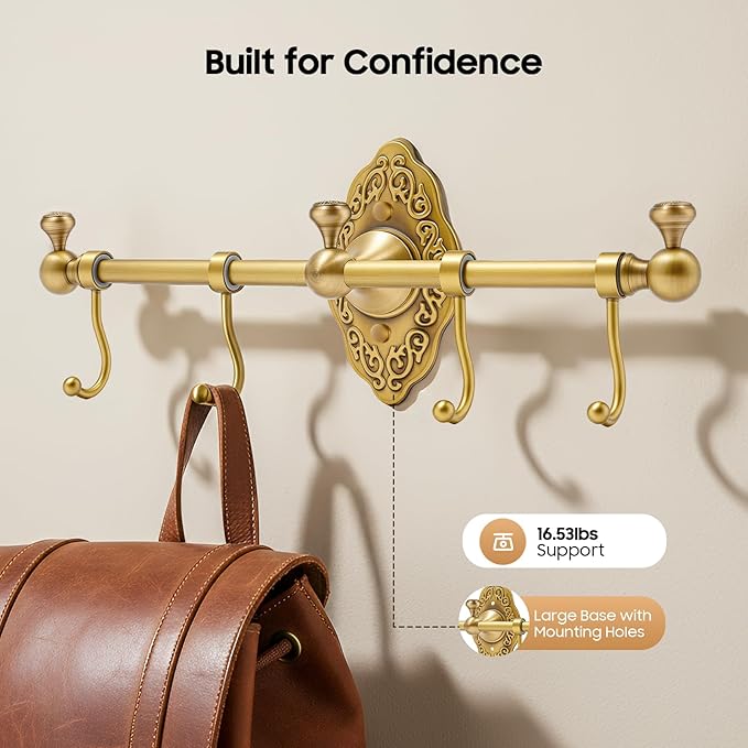 TFCFL Wall Mounted Towel Rack with 4 Hooks, Vintage Gold Brass Bathroom Organizer 14.17", H59 Brass for Bathroom & Kitchen