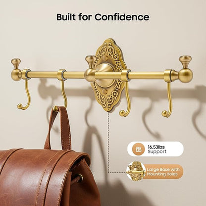 TFCFL Wall Mounted Towel Rack with 4 Hooks, Vintage Gold Brass Bathroom Organizer 14.17", H59 Brass for Bathroom & Kitchen