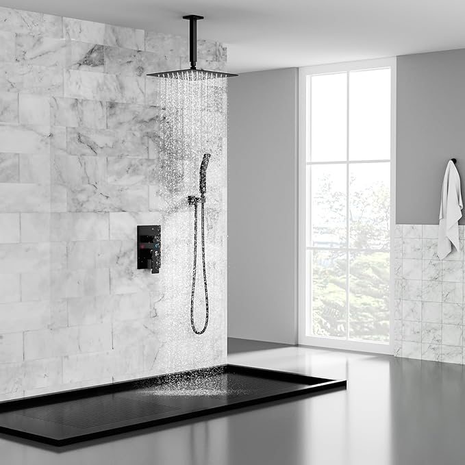 SR SUN RISE 10 Inch Ceiling Mounted Shower System Rain Mixer Shower Combo Set Rainfall Shower Head System Matte Black Shower Faucet Rough-in Valve Body and Trim Included