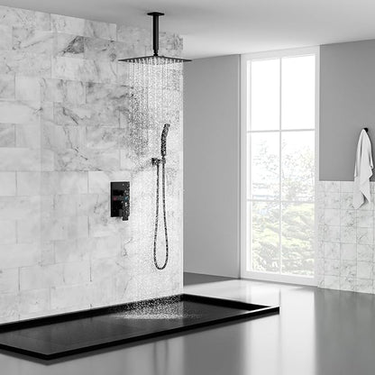 SR SUN RISE 10 Inch Ceiling Mounted Shower System Rain Mixer Shower Combo Set Rainfall Shower Head System Matte Black Shower Faucet Rough-in Valve Body and Trim Included