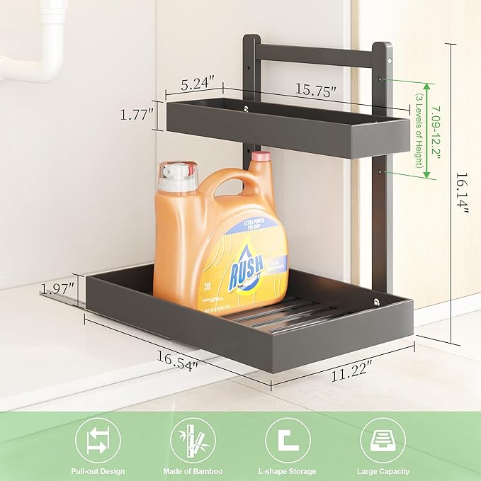 Under Sink Organizer - 1-Tier Pull Out Cabinet Organizer Vertical Slide Out Sink Shelf Storage Shelves for Multi-Purpose Bath Kitchen Bathroom Medicine (Black, 2 Packs)