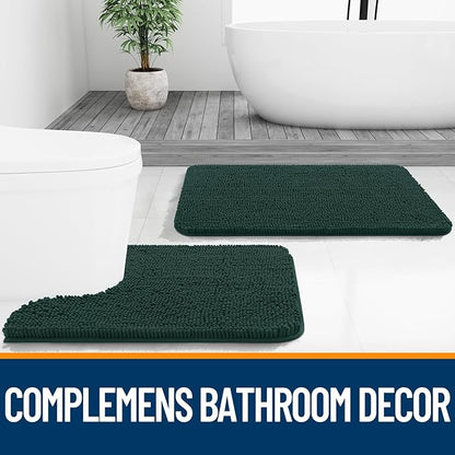OLANLY Bathroom Rugs Sets 2 Piece, Soft Absorbent Chenille Bath Mats and U-Shaped Contour Toilet Mat Area Rug Set, Machine Washable Bath Carpet, Home Decor Accessories(30"x20"+24"x20", Blackish Green)