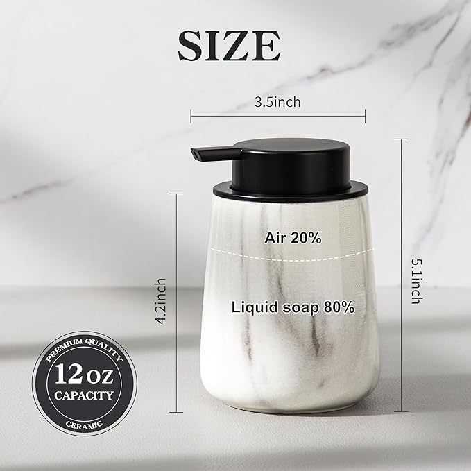 Enra Ceramic Foaming Soap Dispenser,12 oz Marble Foam soap Dispenser Bathroom Refillable Hand Soap Dispenser for Bathroom Kitchen with Easy-to-Press Pump(Marble Foam Type)