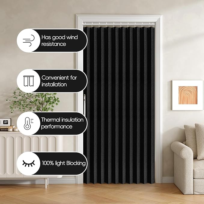 Accordian Door Curtain, 100% Blackout Folding Magnetic Doorway Curtains,Linen Style Closet Doors,for Room Divider,Privacy Protection（W52 x L78,Black,1 Panel）