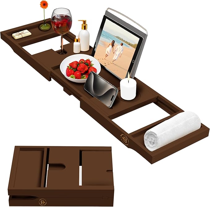 Wooden Bathtub Tray - Foldable & Expandable Bamboo Bath Tray for Tub with Wine Holder, Book & Tablet Stand - Bath Caddy Tray for Bathtub, Spa Bath Accessories, Tub Tray Table, (Brown)