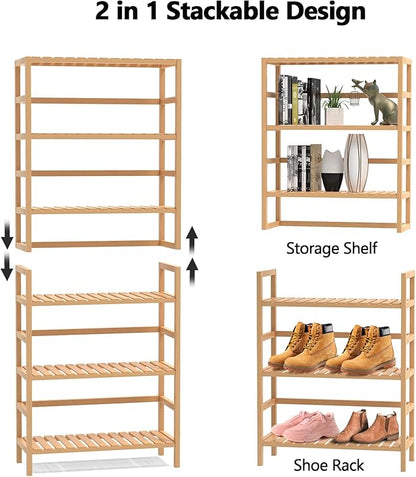 VASMIA 6-Tier Bamboo Shelf,Bamboo Storage Shelving Unit,Tall Bookcase with Adjustable Shelves,Multipurpose Storage Display Shelf for Bathroom, Living