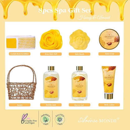 Gift Baskets , Spa Gifts for Women, 8pcs Honey Almond Bath Gift Set for Women, Relaxation Self Care Spa Kit W/Bath Bomb, Bubble Bath, Mom Birthday Gifts, Christmas Gifts Thank You Gifts