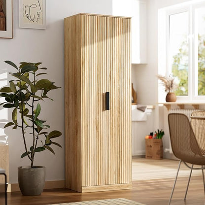 VINGLI 70" Modern Pantry Cabinet with Fluted Doors, 5 Adjustable Shelves, Tall Storage Solution for Kitchen, Dining Room, or Living Room, Oak