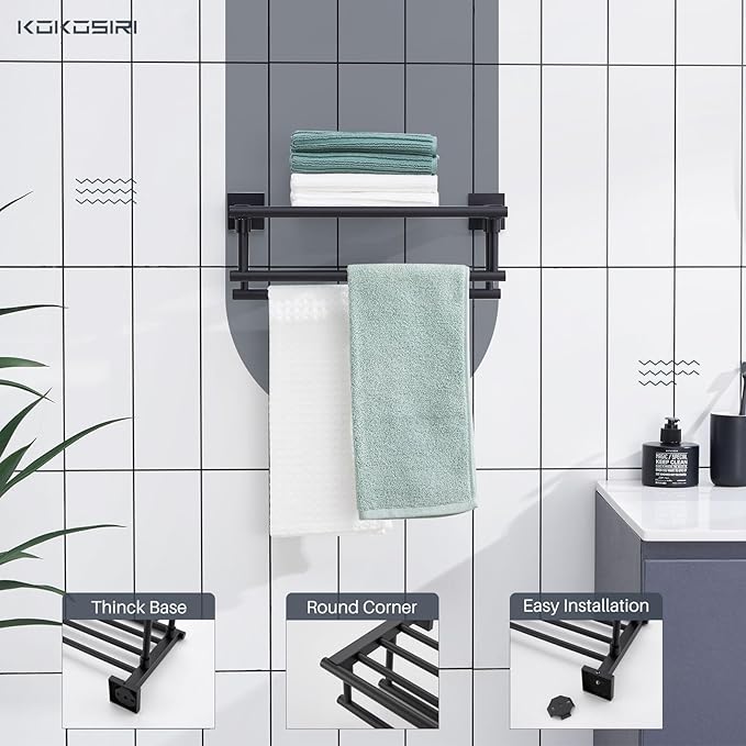 KOKOSIRI Bath Towel Rack with Double Towel Bars 16-Inch Bathroom Towel Shelves Towel Holder Wall Mounted Stainless Steel, Matte Black, B6005BK-L16