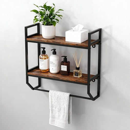 POWERSTONE 2-Tier Bathroom Towel Rack Industrial Wall Mounted Shelf with Towel Bar, Over The Toilet Storage Shelf with Metal Frame for Bathroom Kitchen Laundry Room Rustic Brown