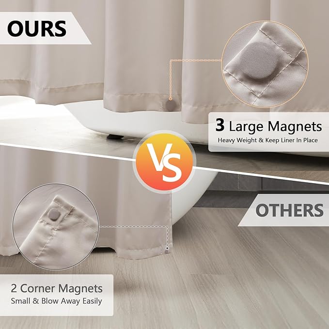 Waterproof Fabric Shower Curtain Liner Khaki with 3 Extra-Large Magnets, 72 x 72 inch Washable Brown Cloth Shower Liner Hotel Quality, Earth Tone Lightweight Shower Curtains for Bathroom