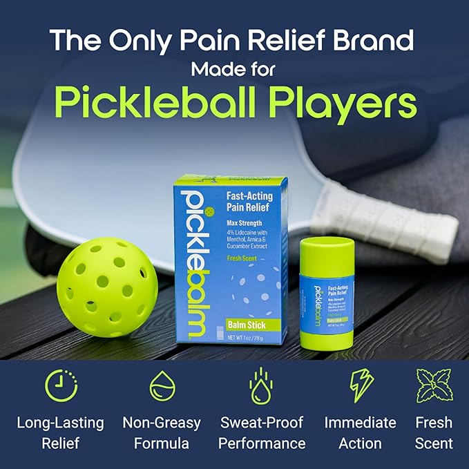 PickleBalm Pickleball In-Game Muscle Pain Relief Balm Stick with 4% Lidocaine, Arnica, Menthol, Cucumber Seed Extract for Shoulders, Knees, Wrists, and More, 1oz Stick