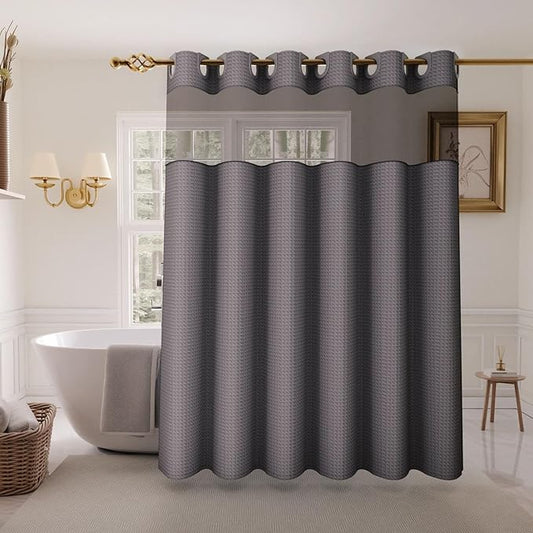 Inhousolu Long No Hook Shower Curtain with Snap in Fabric Liner Set Waffle Weave 230GSM Weighted Hem, Waterproof & Washable Bathroom Curtain Spa Luxury with Mesh Top Window 72"W x 78"L Graphite Grey