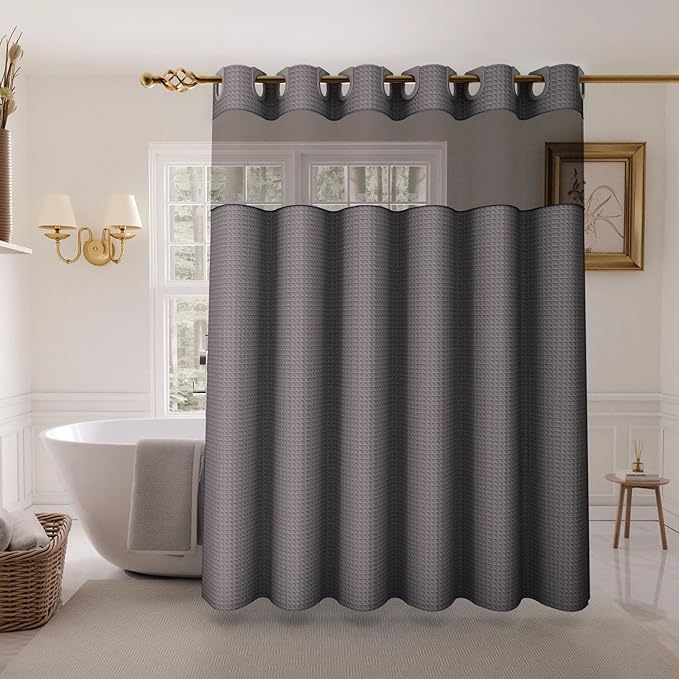 Inhousolu Extra Long No Hook Shower Curtain with Snap in Fabric Liner Set Waffle Weave 230GSM Weighted Hem, Waterproof & Washable Bathroom Curtain Spa with Mesh Top Window 72" W x 84" L Graphite Grey
