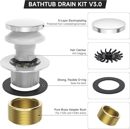Tub Drain Replacement Kit, Metal Tip-Toe Bathtub Drains and Overflow Kit with Hair Catcher, Shower Bath Tub Drain Assembly with Two-Hole Overflow Faceplate Conversion Kit -Chrome Plated