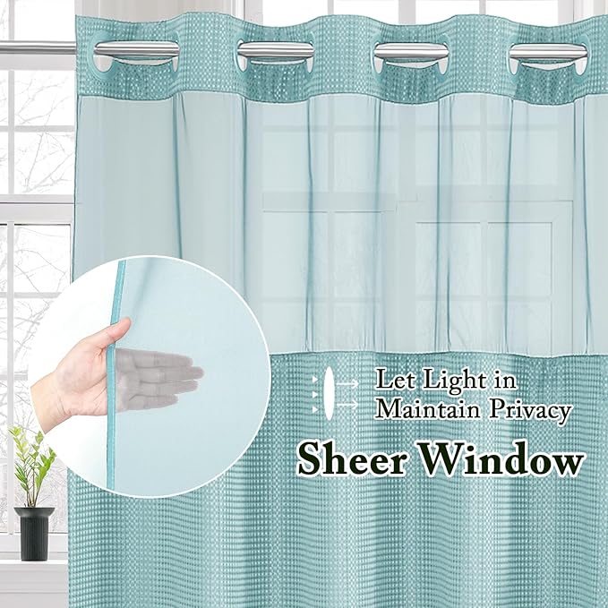 Gibelle Extra Long Shower Curtain 72x86, Waffle Weave Bathroom Shower Curtain with Snap-in Fabric Liner Set, No Hooks Needed, Hotel Style with Mesh Top Window, Teal