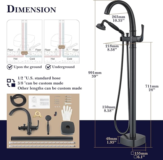 Free Standing Tub Faucet, Hanallx Luxury Matte Black Freestanding Bathtub Faucet with Sprayer, Premium Brass High Flow Rate Floor Mount Tub Filler Swivel Spout, Roman Tub Faucet Set（HM88011-BK）