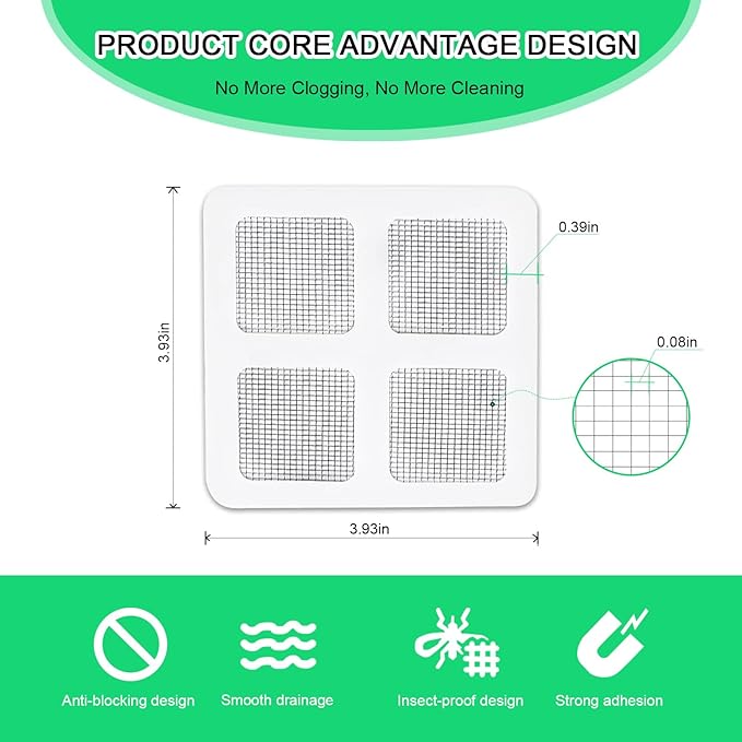 60 Pack Disposable Shower Drain Hair Catcher Mesh Stickers, Square 3.93 Inches, Suitable for Drain Strainers in Bathrooms, Bathtubs, Kitchen Sinks, Washbasins.