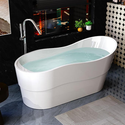 Empava Bathtub, 67" Soaking Tub, Acrylic Free Standing Tub with End Drain and Overflow, Contemporary Design Bathtub for Bathroom, cUPC Certified, Glossy White
