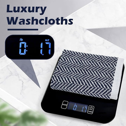 Cleanbear Wash Cloths for Showering with Striped Herringbone Patterns, 12 Cotton Washcloths for Bathroom, Large 13 X 13 Inches, Navy-Blue