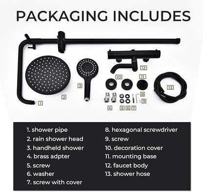 Outdoor Shower Faucet Set 8" Square Shower Head 3 Function Thermostatic Rainfall Shower Fixtures, Handheld Sprayer Tub Spout with Constant Temperature with Height Adjustable Slide Bar