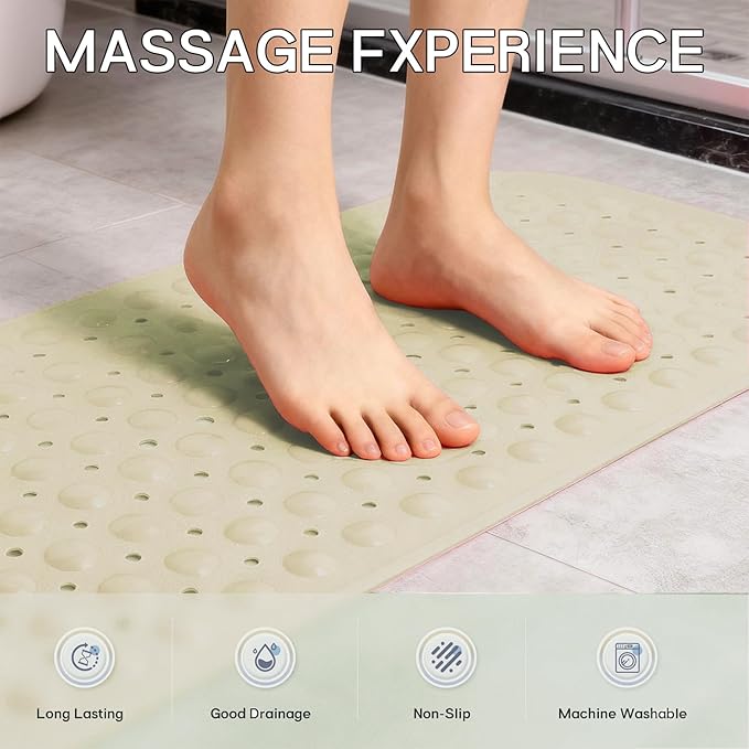 Anti-Slip Bathtub Shower mat, 39.3×15.7 inch（Approximately 100 × 40cm） Soft Oversized Machine Washable Non-Slip Bathtub mat with Drainage Holes, Bathroom Floor Suction Cup.（1-Opaque Khaki）